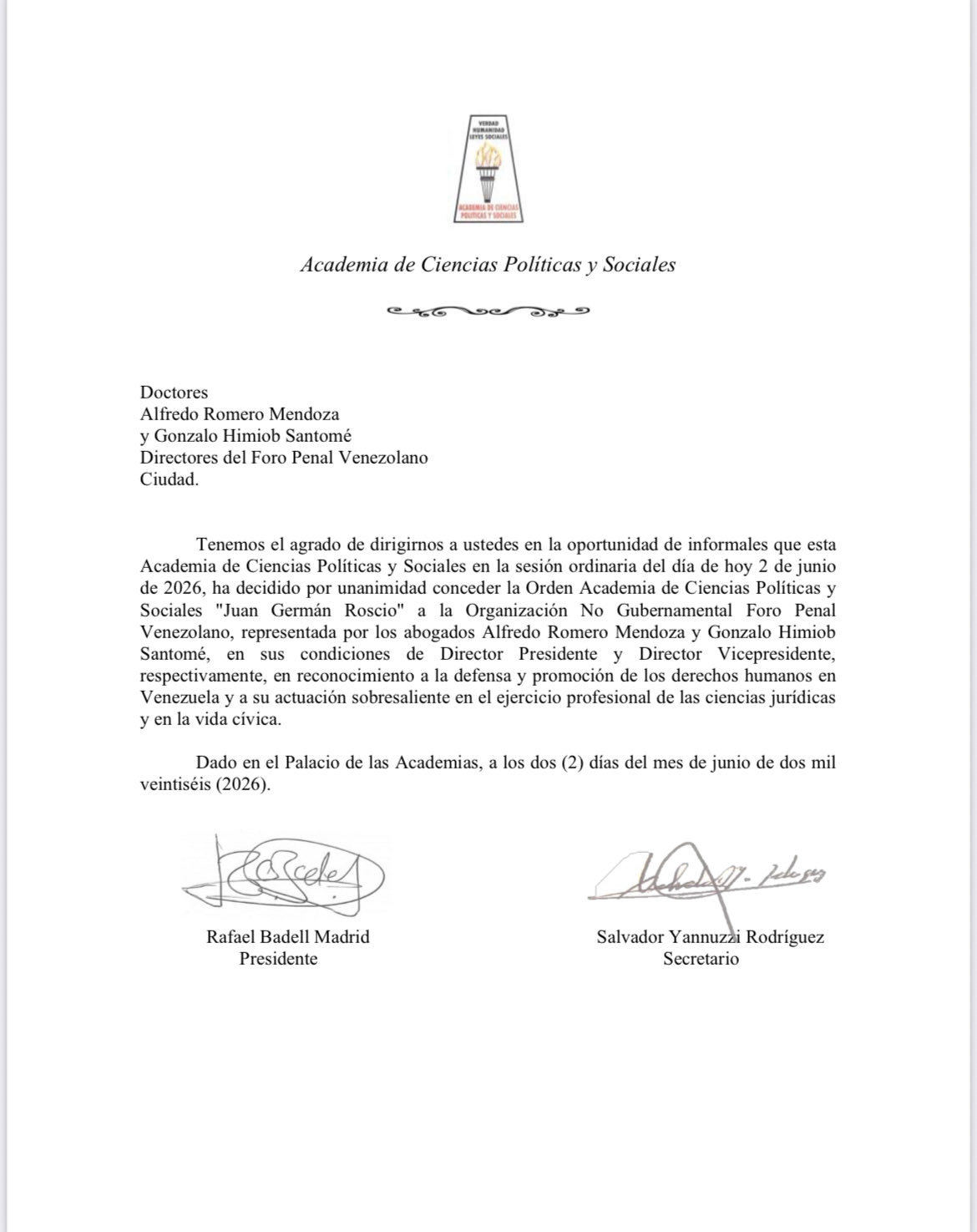 Cover image for Academia de Ciencias otorga Orden 'Juan Germán Roscio' al Foro Penal Venezolano